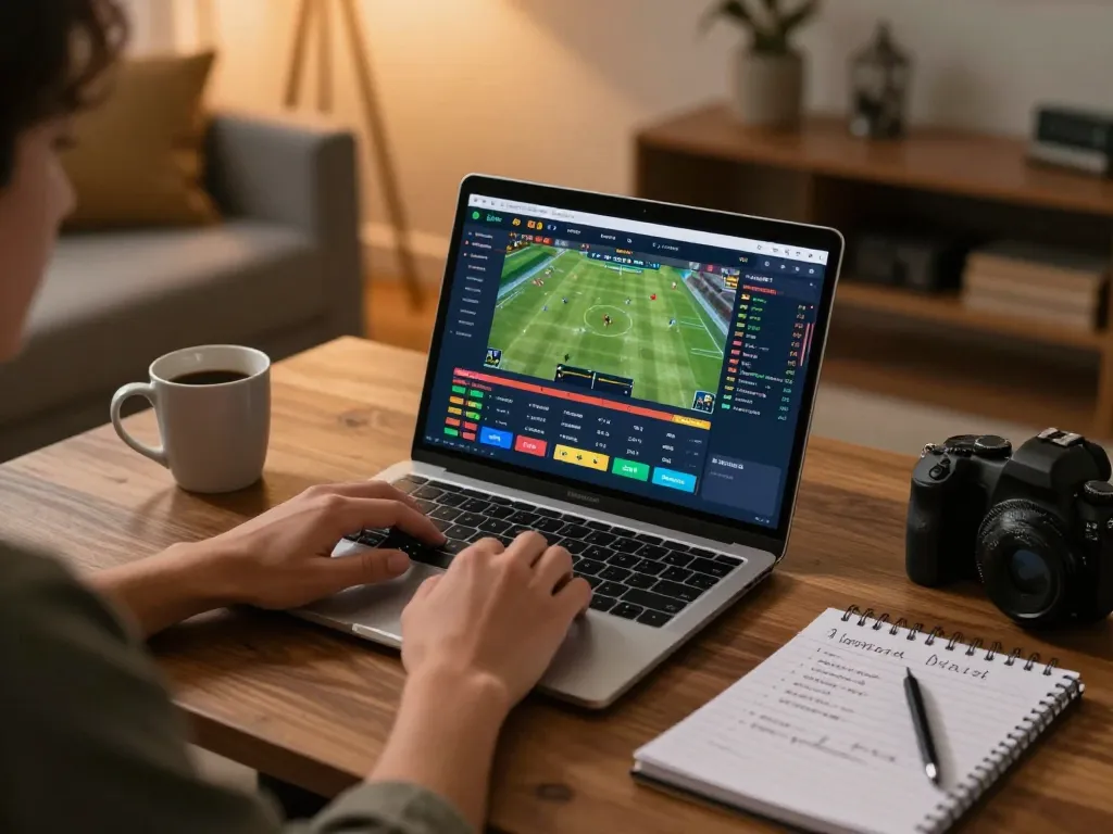 Engaging sports betting on laptop at https://f168.sarl/, highlighting responsible gaming in a cozy home.