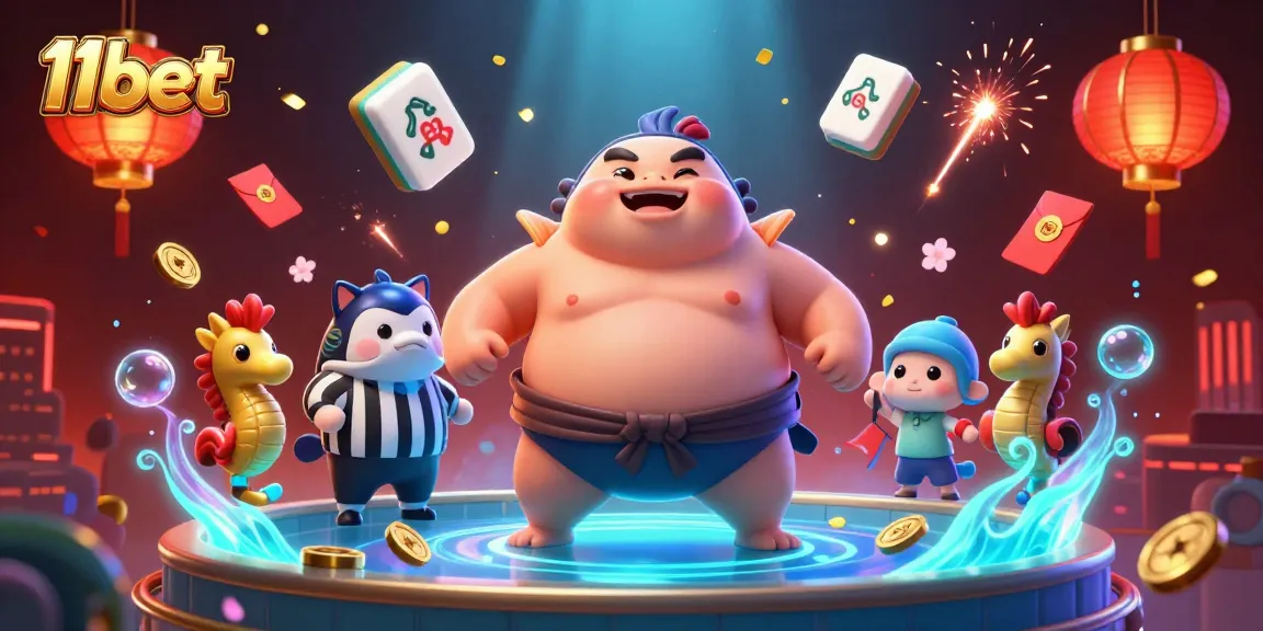 Join the fun and excitement at 11bet's unique underwater gambling scene featuring a fugu sumo, referee, and seahorse fans.