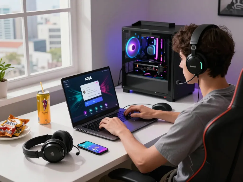 Engaging KO66 đăng nhập online gaming setup with user interacting on laptop, vibrant lights, and gaming accessories.
