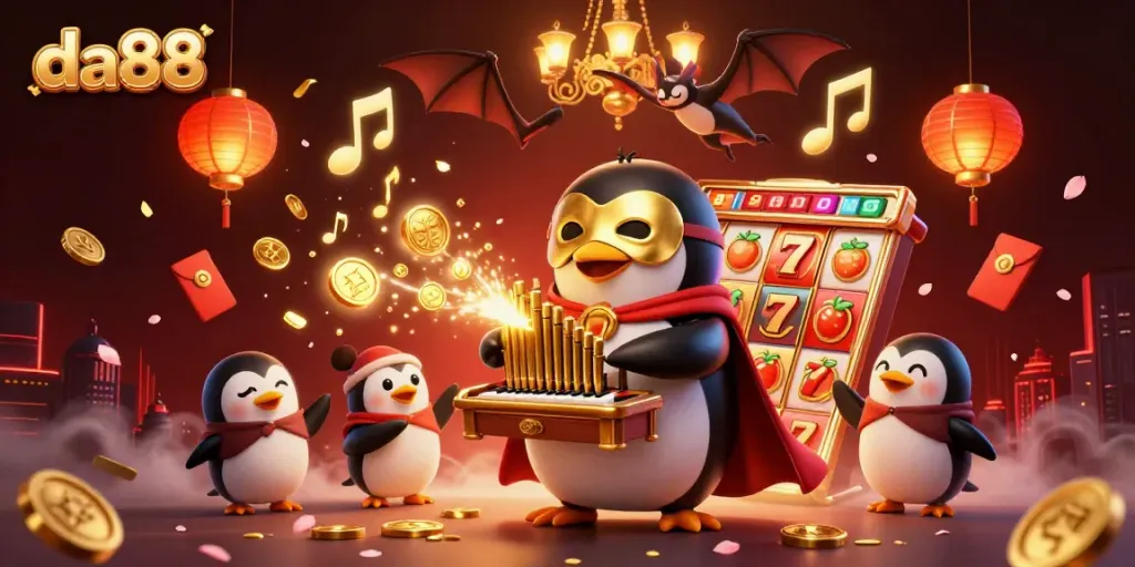 Experience thrilling slot games with da88, featuring a cartoon penguin and vibrant casino elements.