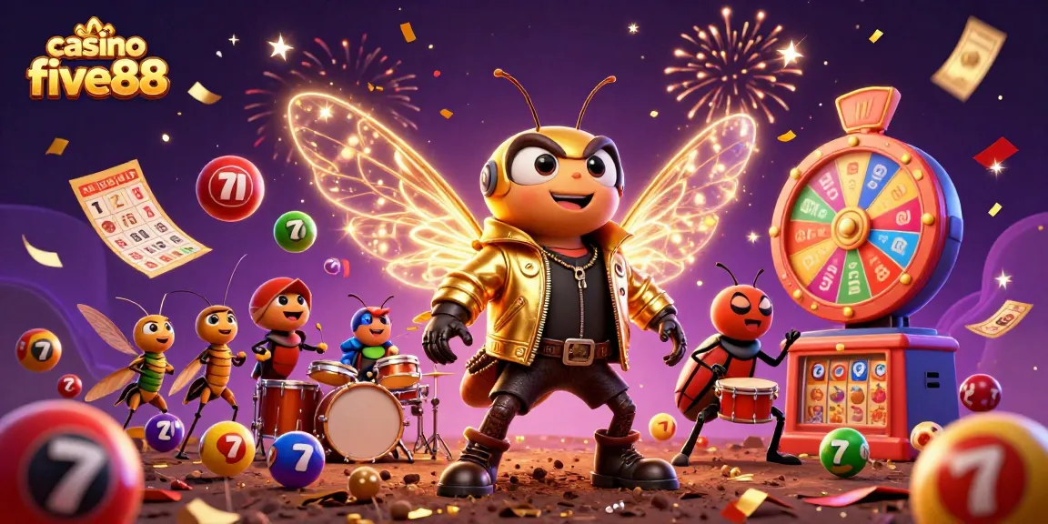 Experience excitement at casino five88 with a vibrant 3D illustration of a rock star cicada and lottery elements.