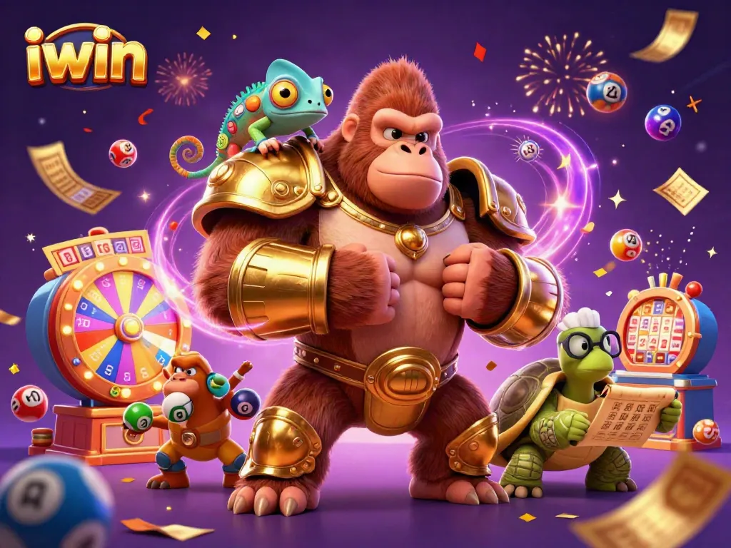 iwin showcases a powerful gambling scene with a gorilla king, vibrant lottery elements, and dynamic celebration.