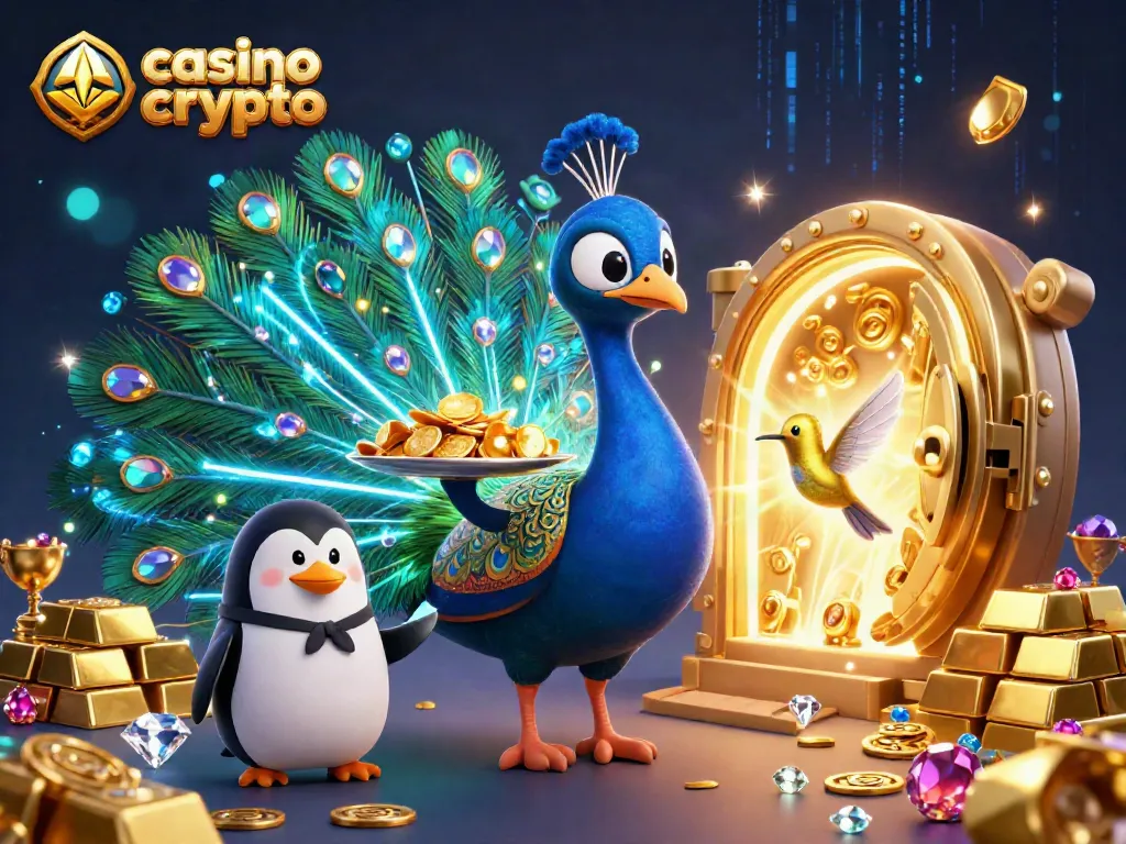Immagine di un casinò con crypto dove un pavone aristocratico e un pinguino maggiordomo interagiscono tra tesori scintillanti.