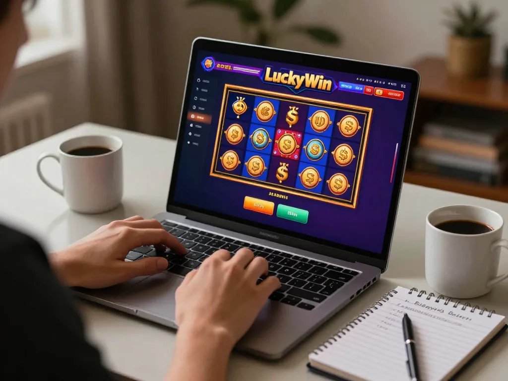 Engaged player spinning LuckyWin slot games on a laptop in a cozy home setting