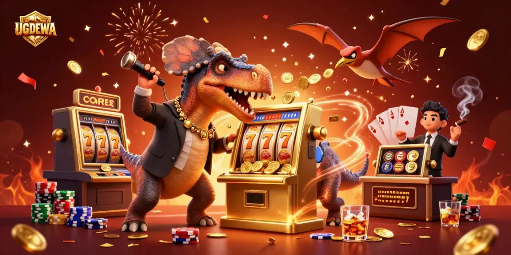 UGDEWA slot machine scene with pachycephalosaurus, ankylosaur manager, and pteranodon catching coins