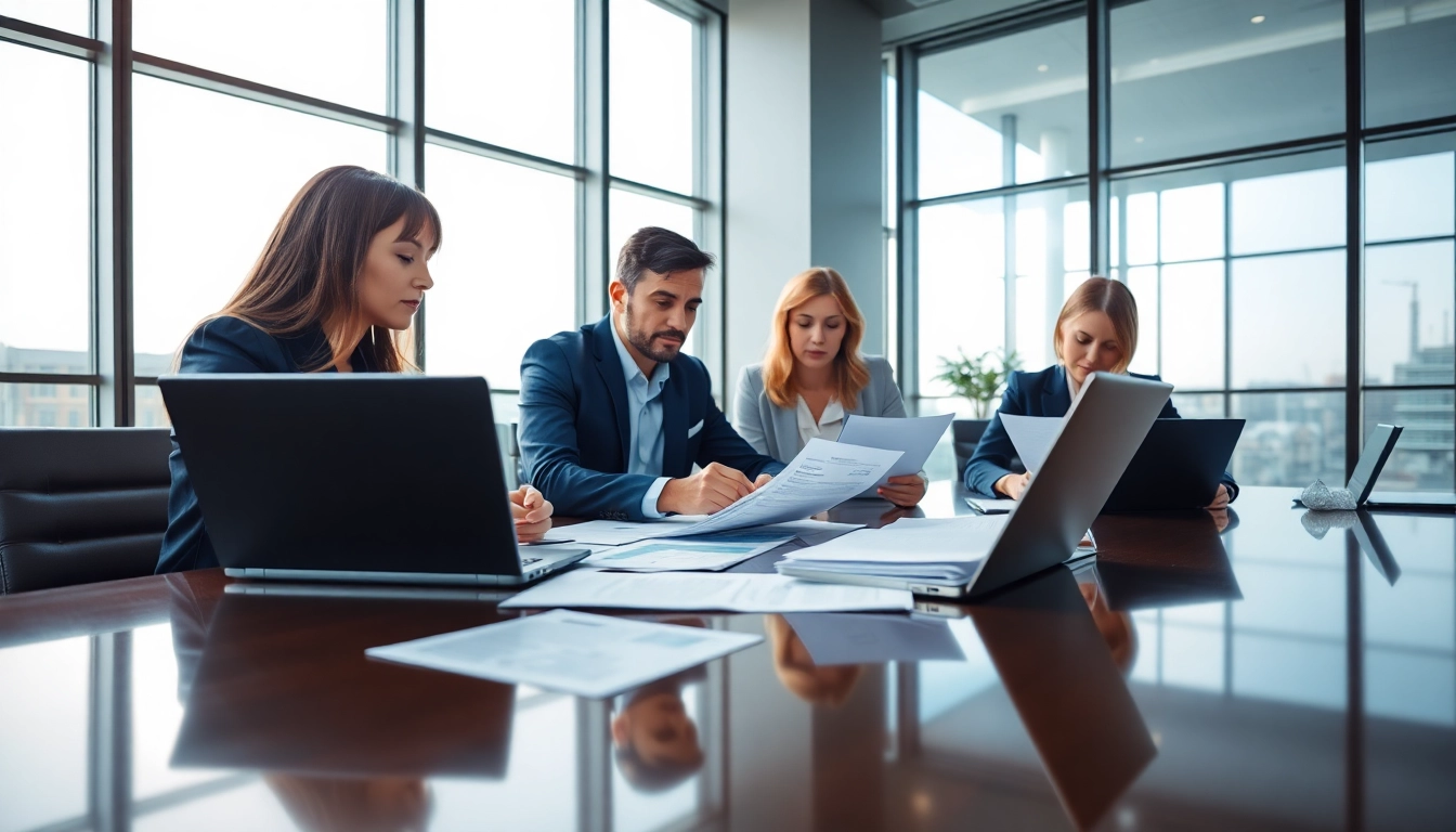 Team of consultants discussing Federal and State contracts in a bright office setting.