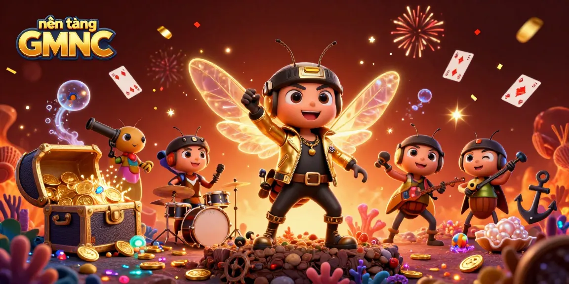 Experience the excitement with nền tảng GMNC, featuring a vibrant scene of a casino rock star and treasure elements.