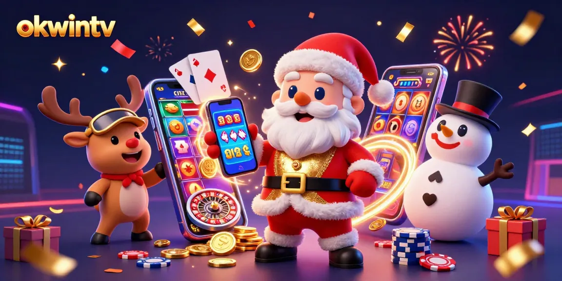 Play slots and win big with okwintv's festive casino illustration featuring Santa and friends.