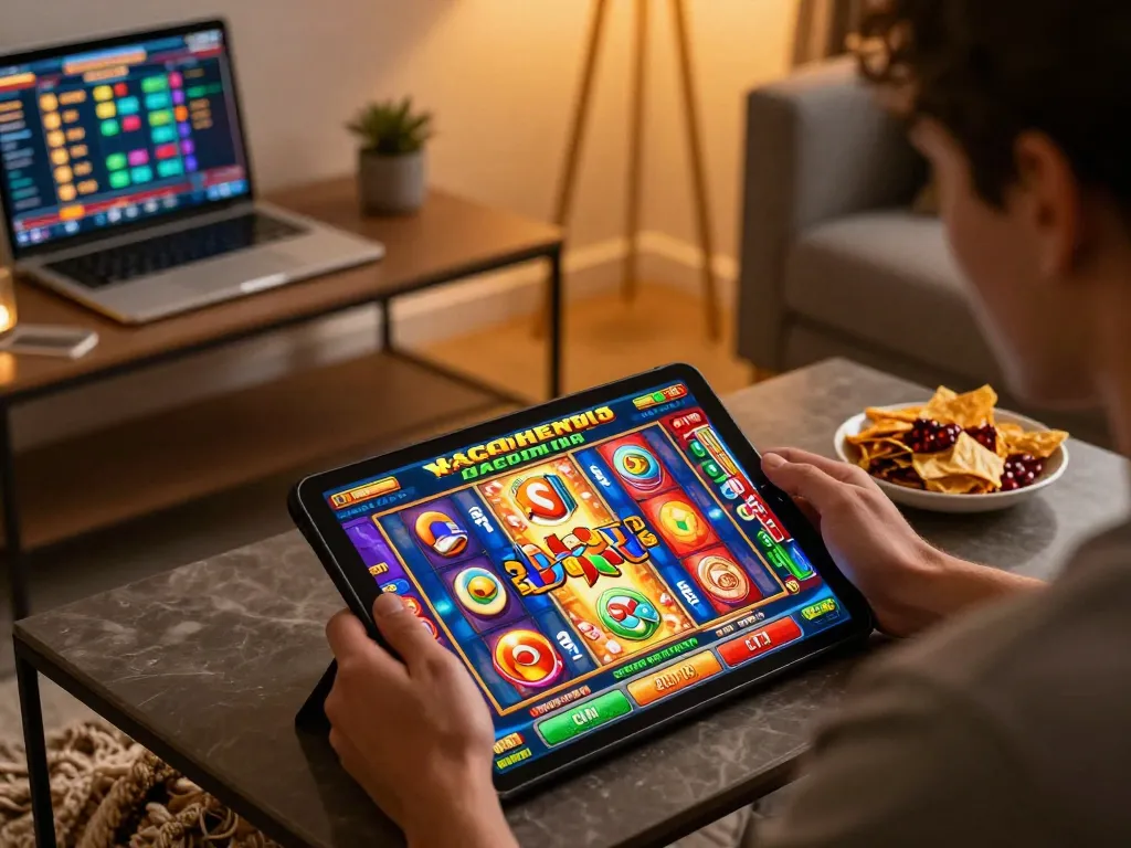 Engaging online gaming scene featuring player focused on slot gacor hari ini on tablet, cozy atmosphere.