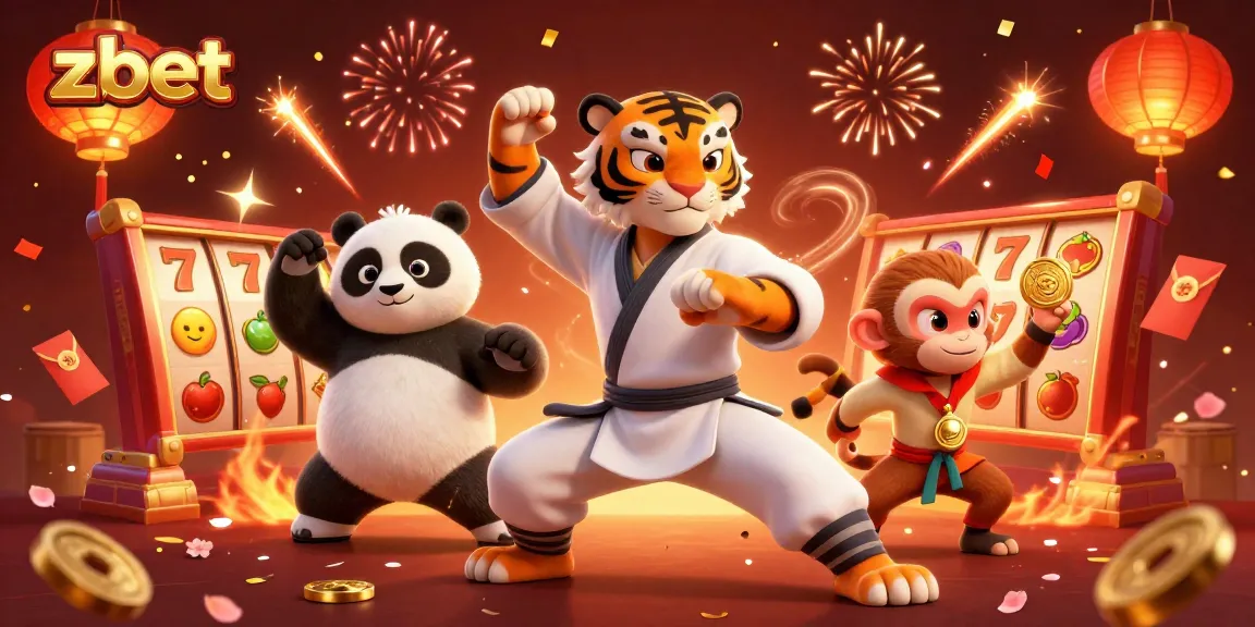Zbet engages players with festive slot action featuring cartoon characters amid fireworks and vibrant casino elements.