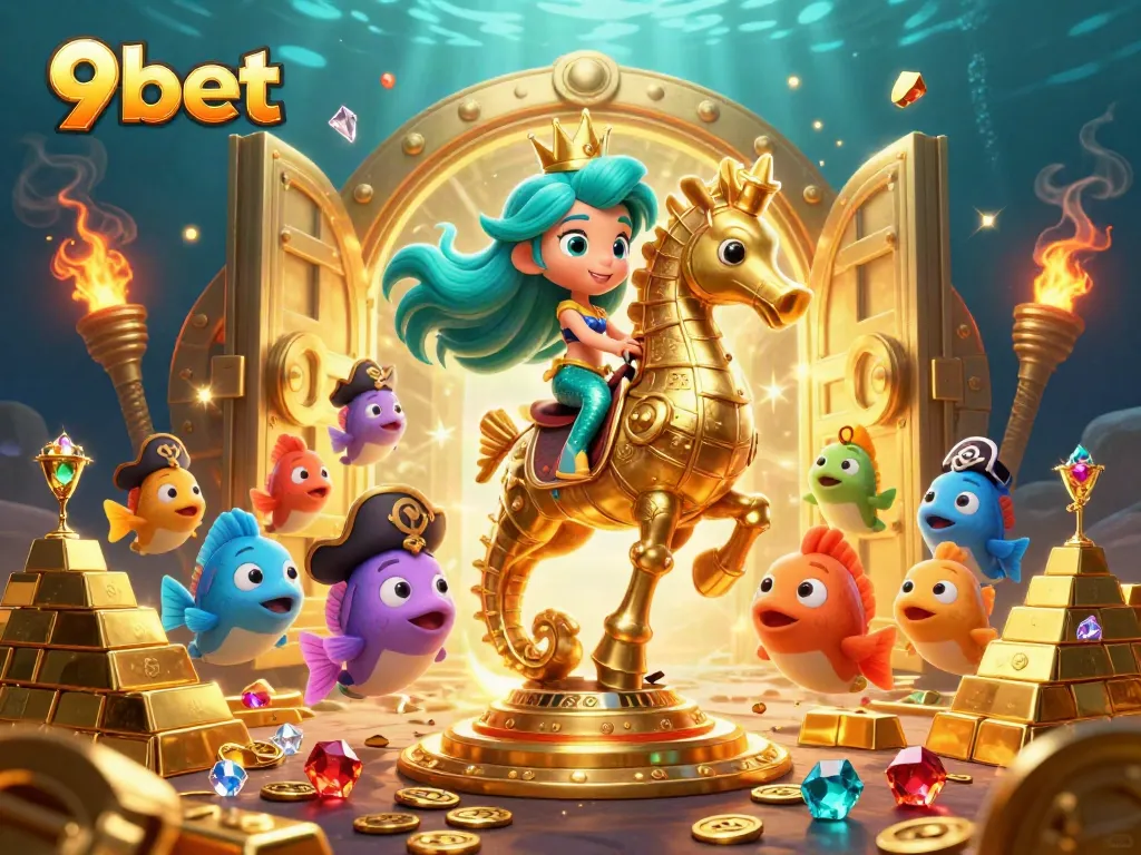 Experience 9bet's underwater adventure with a mermaid and golden treasures in this vibrant scene.