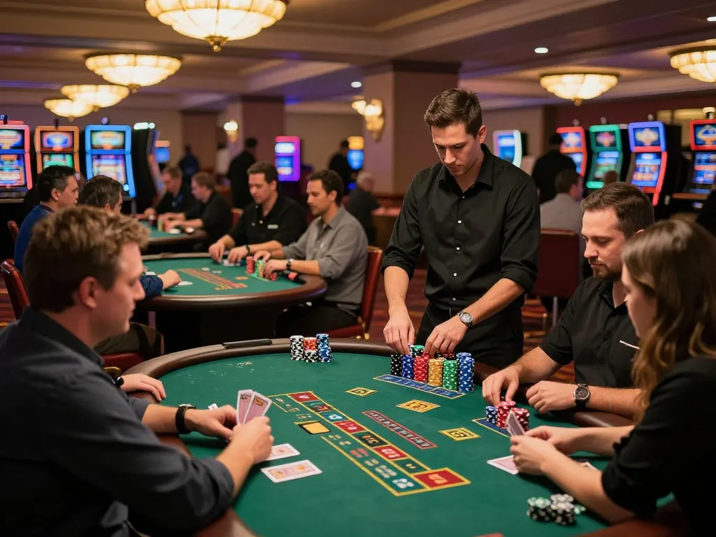 Players enjoying intense blackjack gameplay at vibrant casino floor with rokok88 link alternatif represented prominently.