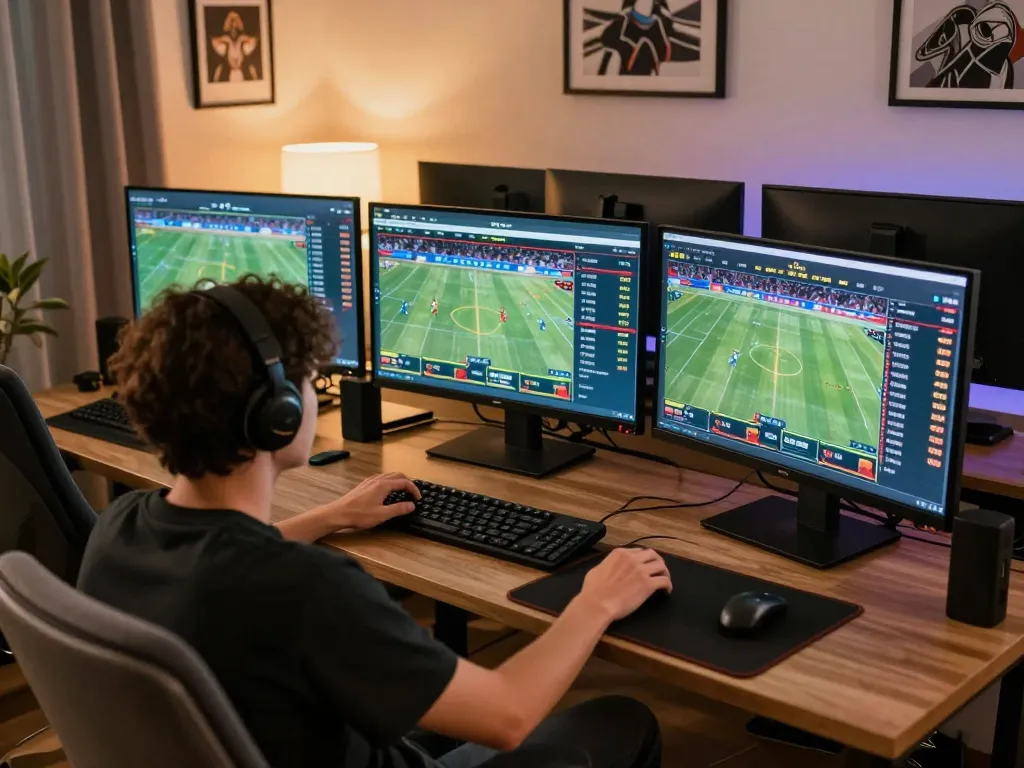CM88 user engaging in sports betting at modern gaming setup, showcasing live odds and events.