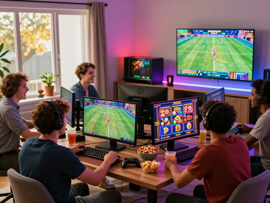 Exciting gaming experience at trang chủ Goal123 with friends enjoying online betting and casino games in a vibrant setting.