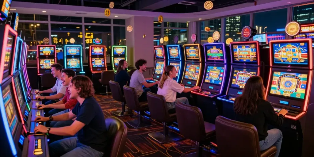 Exciting gaming hub scene showcasing players at slot machines, highlighting bro138 link.
