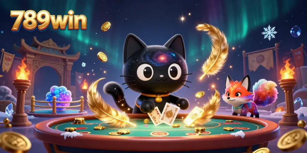 Engage in thrilling gameplay at 789win, where a black hole cat pulls in chips amid cosmic casino elements.