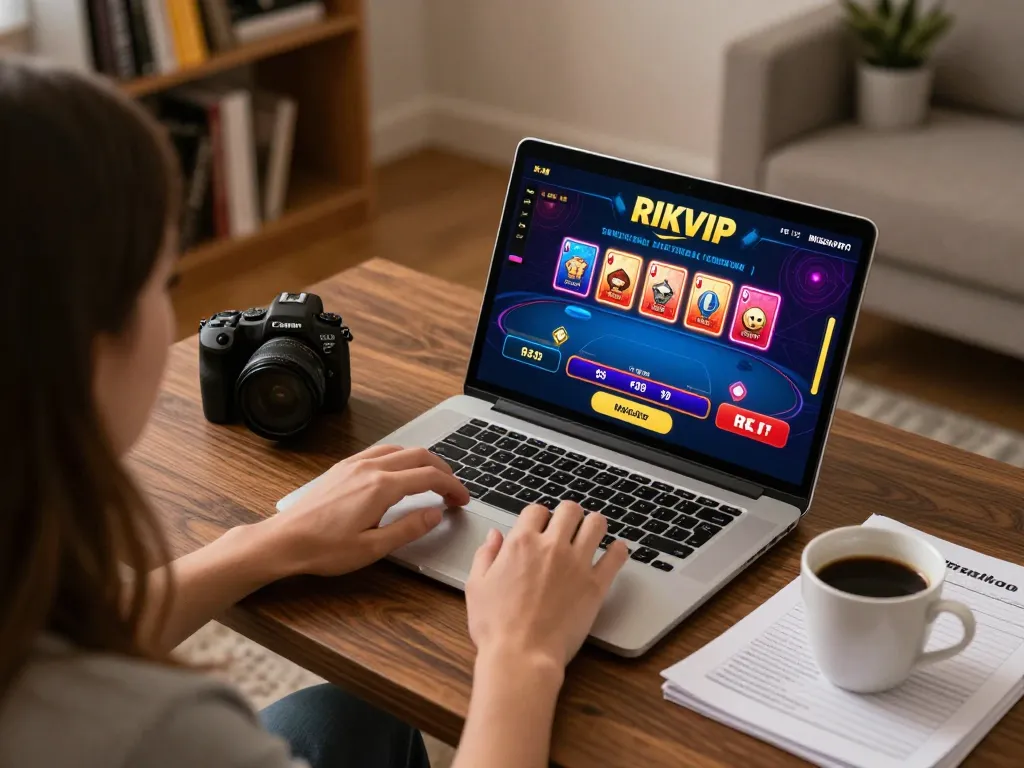 Player enjoying poker at RIKVIP online casino, showcasing a cozy home setting.