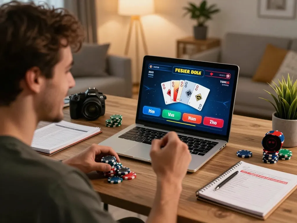 Player celebrating a winning hand on F8bet's online poker game in a cozy home environment.