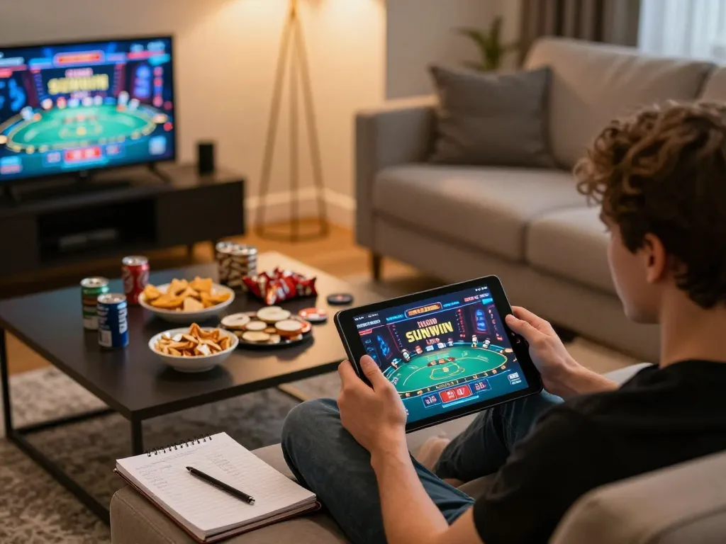 Sitting at home, user engages in online gaming with SUNWIN LINK, enjoying poker on a tablet.