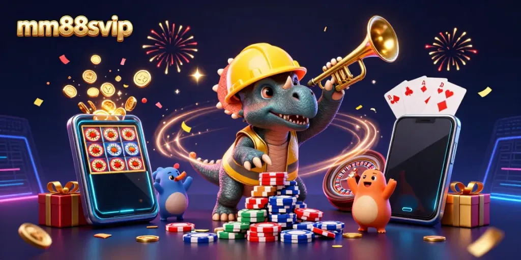 Engage with mm88svip’s thrilling gaming experience as a triceratops builds a poker chip pyramid.