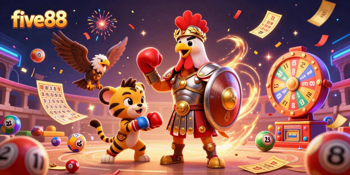 five88 casino features an appealing scene of a gladiator rooster and tiger cub as they take center stage in the colosseum.