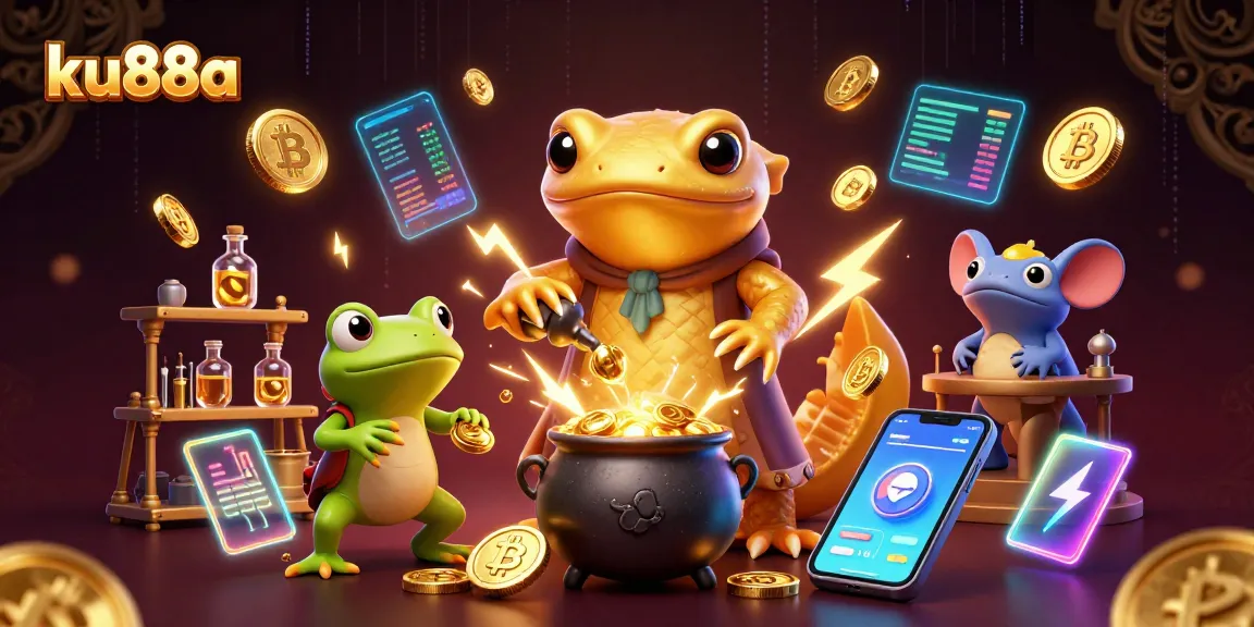 ku88a engages in thrilling online gaming with vibrant crypto-themed 3D characters.