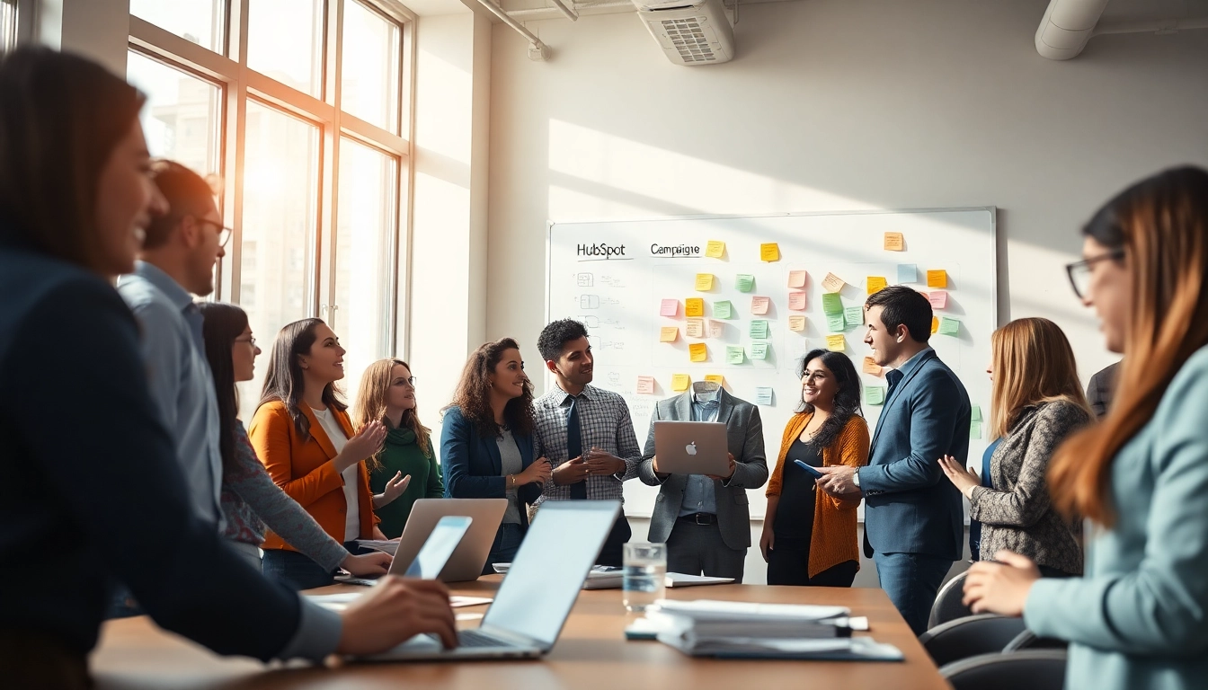 Creating a HubSpot marketing email with a professional team brainstorming and collaborating.