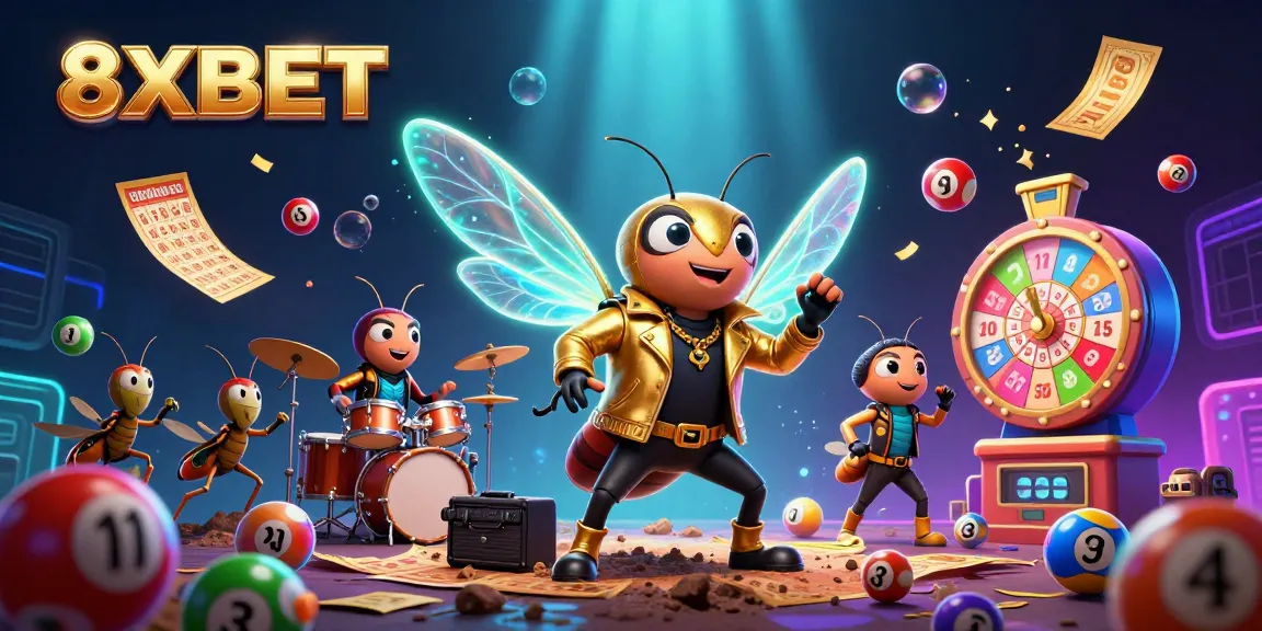 Engage with 8XBET's dynamic gaming scene featuring vibrant lottery elements and electrifying 3D characters.