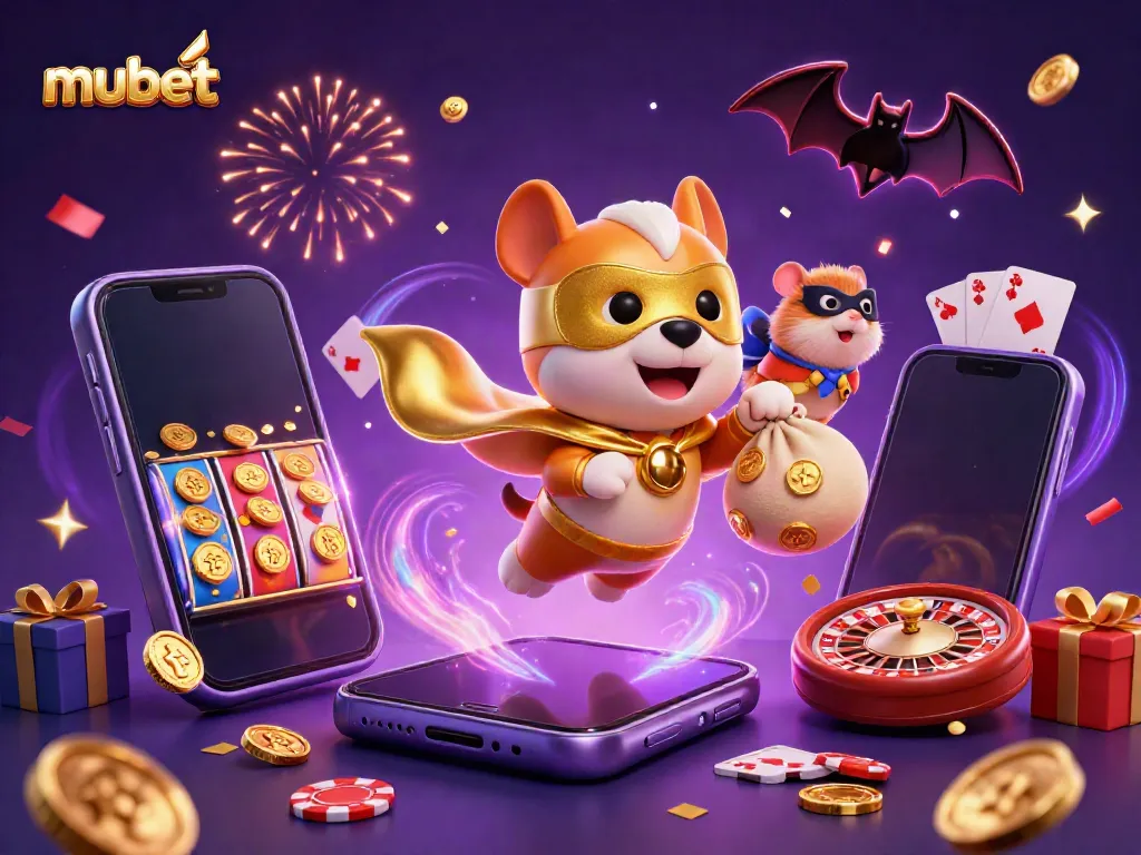Experience thrilling action with mubet's flying superhero dog and colorful casino game elements.