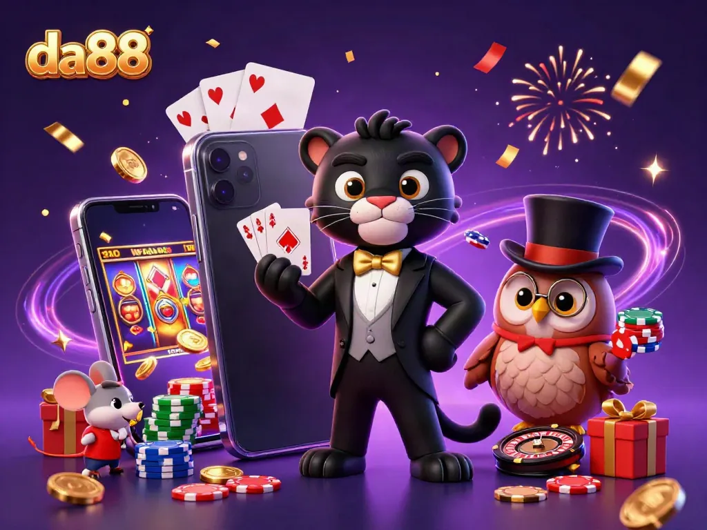 Engage with da88 while celebrating wins with a dynamic 3D casino scene showcasing stylish characters and vibrant game elements.