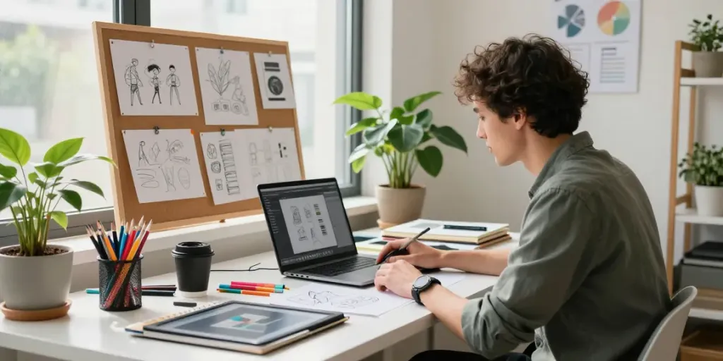 Engaging workspace for rokok88 login, designer creating inspired artwork with mentorship guidance.