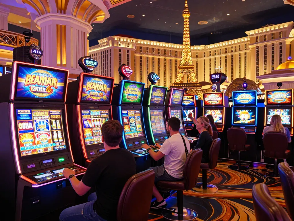 Pemain menikmati mesin slot yang cerah di Paris Las Vegas, mengalami momen permainan yang mendebarkan.