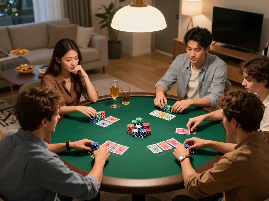Friends strategizing while playing poker at home, showcasing the f8bet experience in a friendly setting.