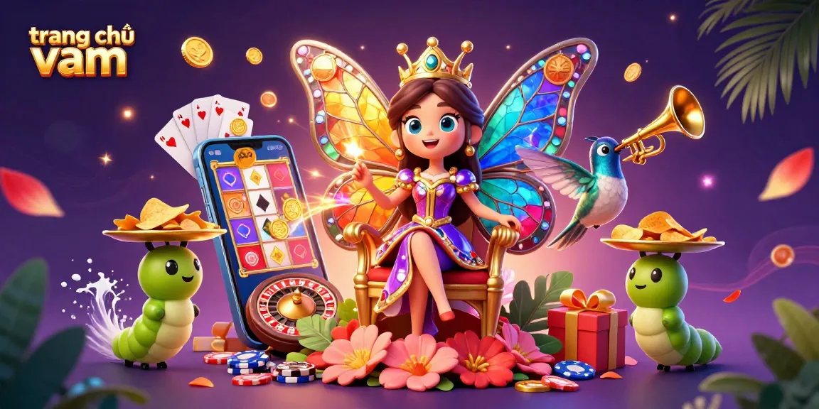 Experience the vibrant action of trang chủ vmax with an animated butterfly queen and colorful casino elements.