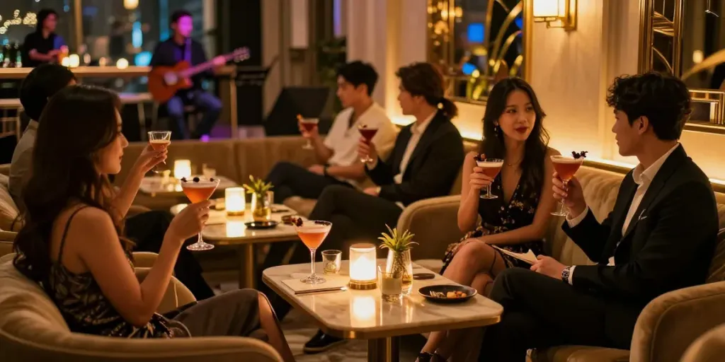 강남세이렌 쩜오에서 고급스러운 칵테일을 즐기는 손님들이 모여 있는 럭셔리한 라운지 장면.
