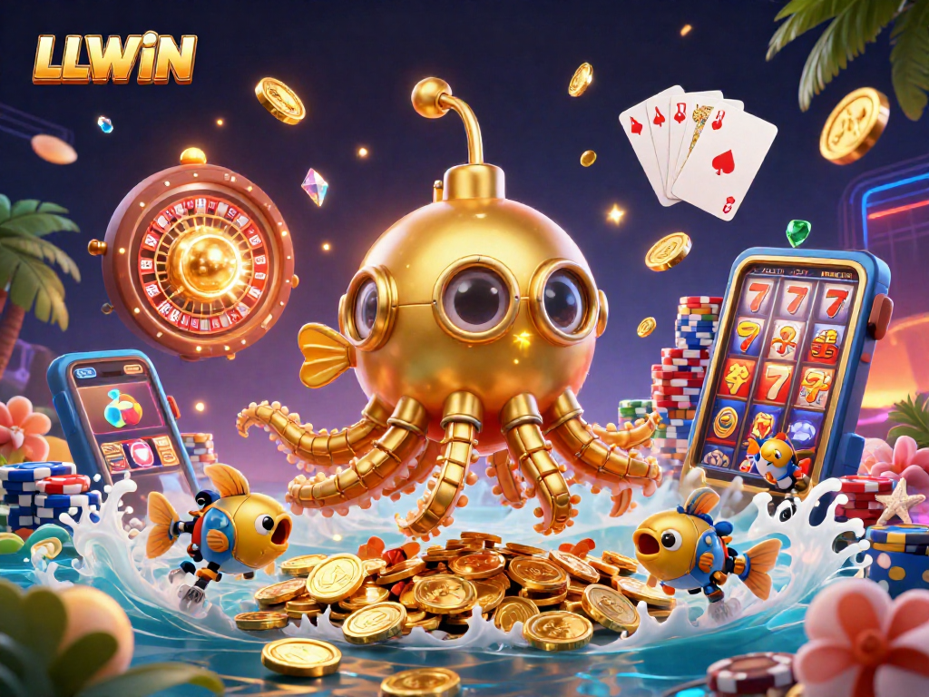 Engage with LLWIN's thrilling gaming world featuring a kraken submarine amidst spinning roulette, golden coins, and vibrant poker chips.