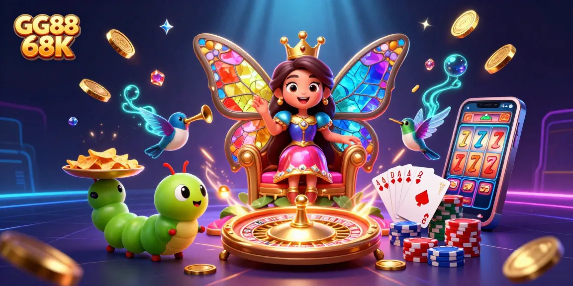 Win big with GG88 68K's vibrant casino illustration featuring royal flush cards and spinning roulette.