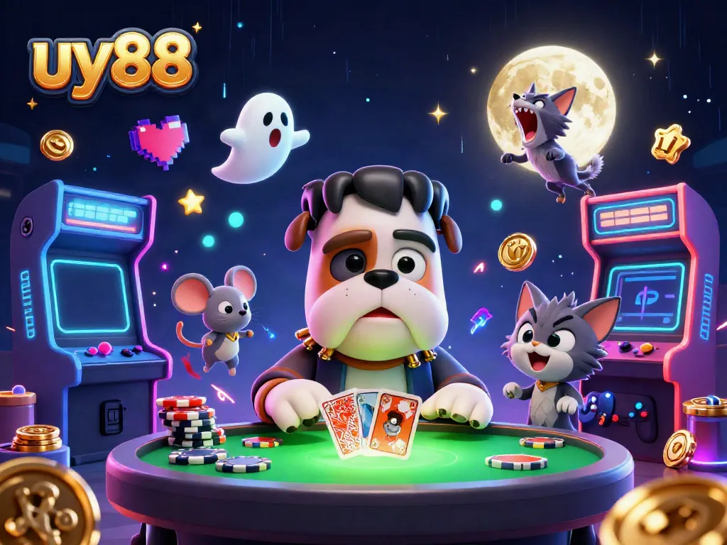Experience thrilling gameplay with uy88 as a Frankenstein bulldog deals cards, surrounded by casino-themed elements.