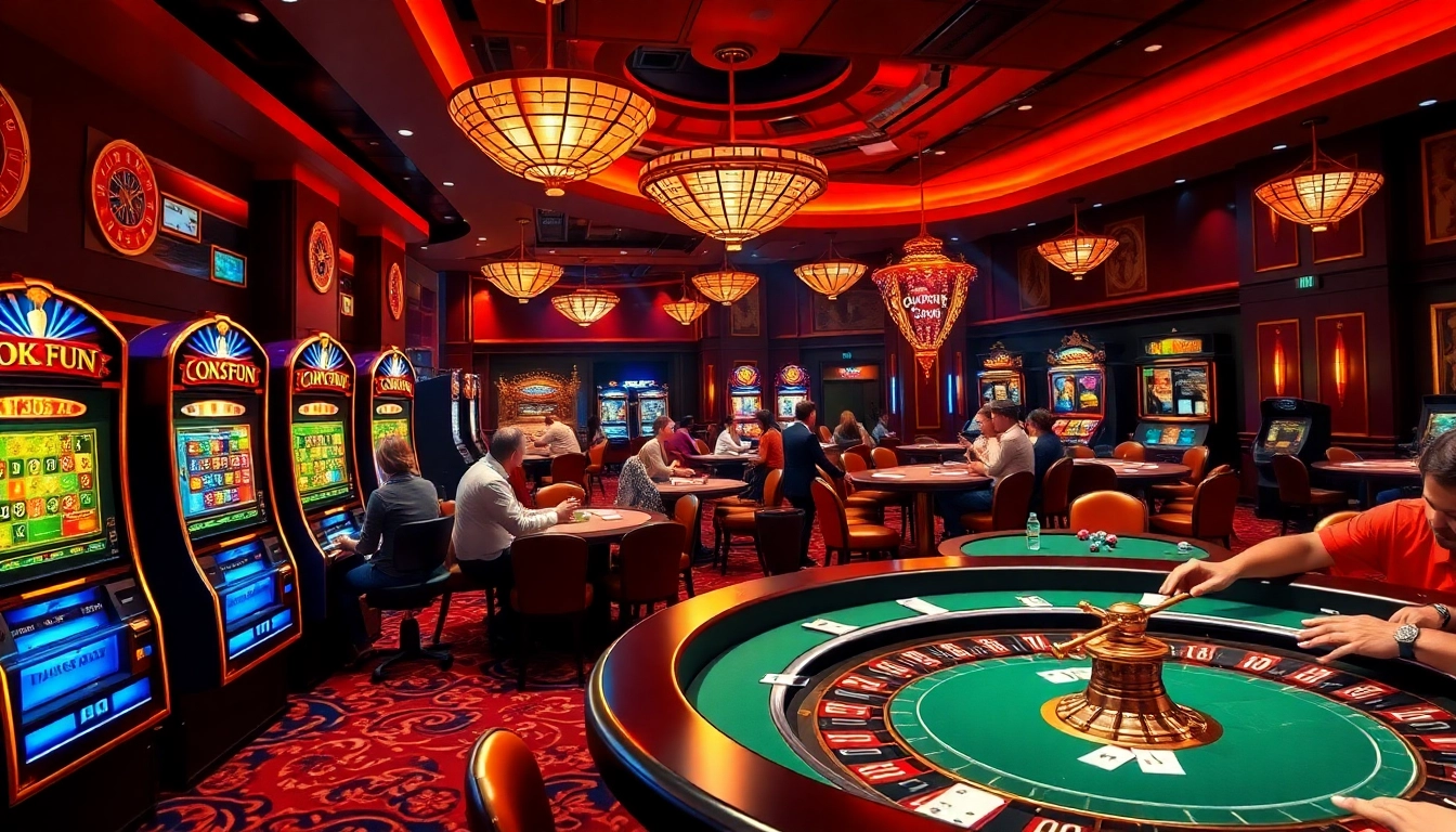 Players enjoying a thrilling casino experience at OK FUN with vibrant slot machines and poker tables.