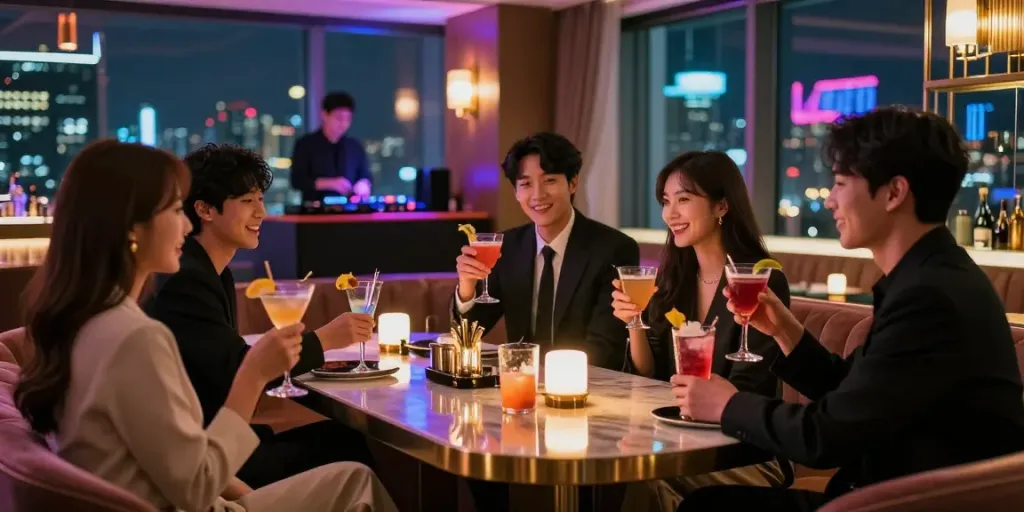 강남 세이렌의 고급 라운지에서 친구들과 함께 칵테일을 즐기는 모습