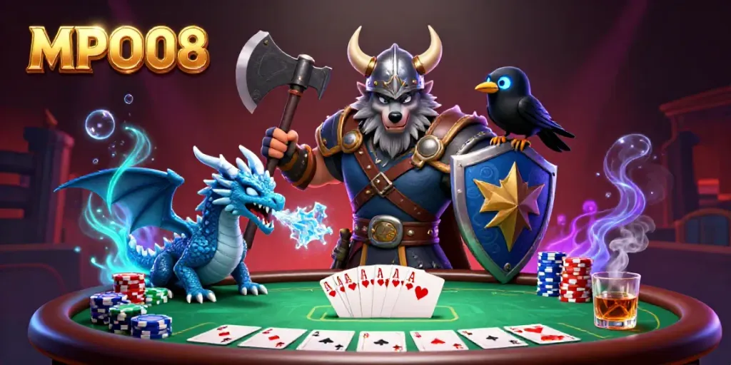 Engage in thrilling games at MPO08 with vibrant characters, poker chips, and dramatic illustrations.