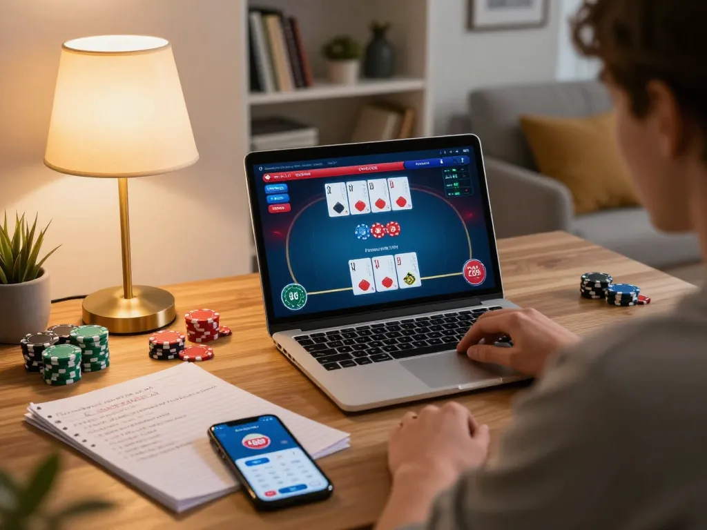 Person playing poker on the CM88 online platform with strategic notes beside them.