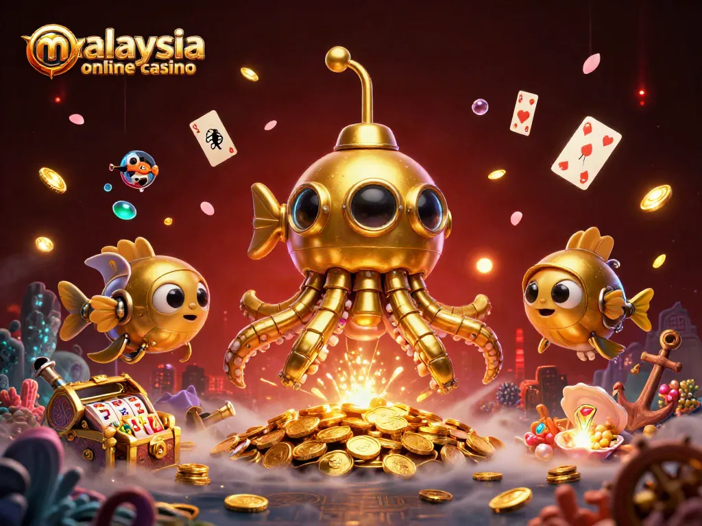 Experience the thrill of malaysia online casino with vibrant 3D illustrations of a golden kraken submarine amid treasure.