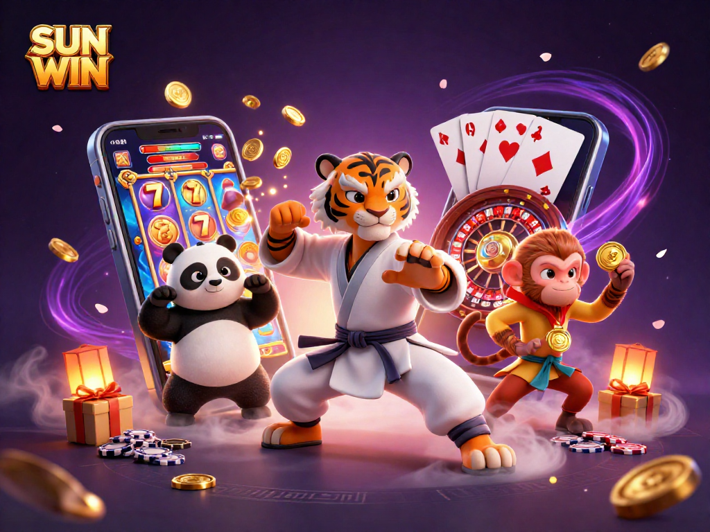 Engage with SUN WIN through exciting 3D cartoon action featuring kung fu animals amidst vibrant casino elements.