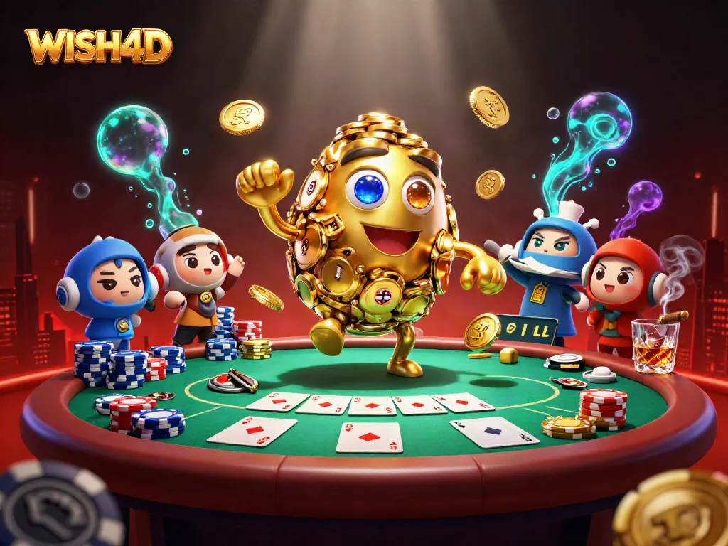 Experience the excitement of WISH4D with a dynamic illustration of a golden golem surrounded by poker elements.