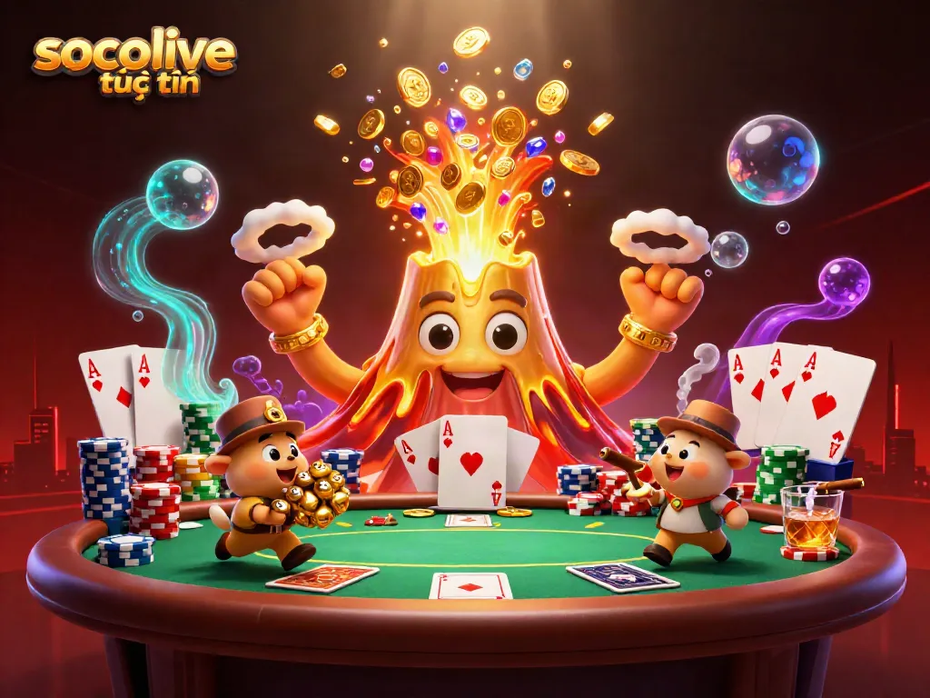 Experience the excitement of socolive trực tuyến with vibrant characters and dynamic casino elements in this 3D illustration.
