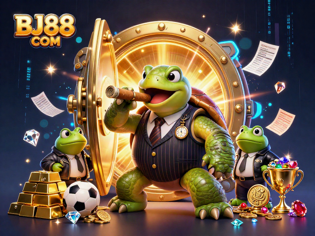 Experience the thrill of BJ88 COM with a lively casino scene featuring a mobster turtle and frog enforcers.