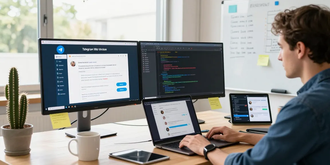 Experience Telegram Web Version in a vibrant office with a developer coding, showcasing collaboration and modern tech.