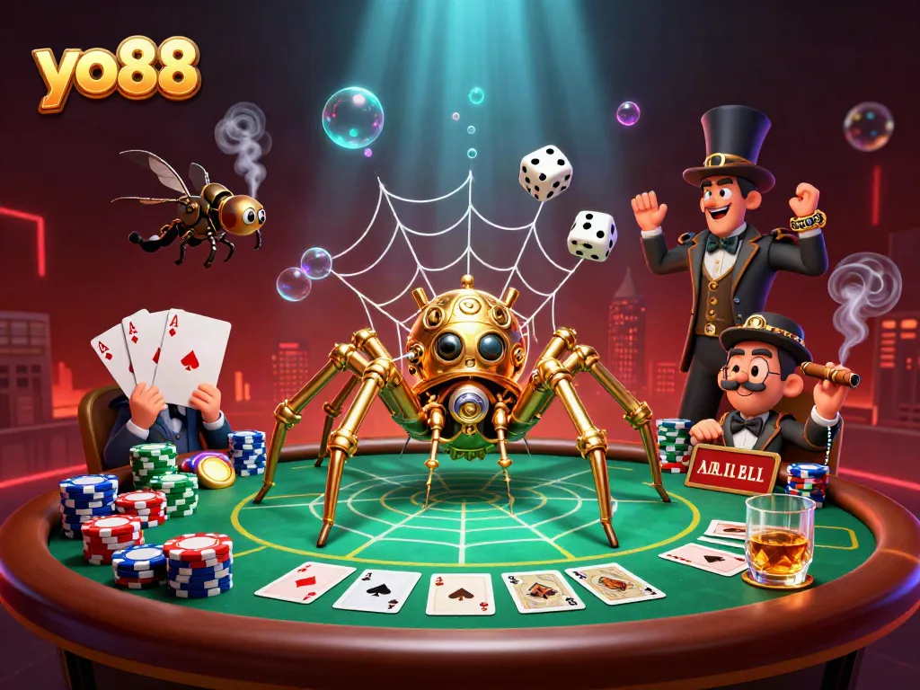 Engage with yo88 as a steampunk spider ensnares dice and poker chips in a thrilling casino scene.