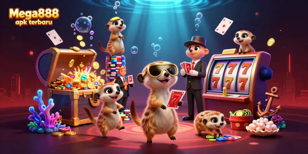 Engage with the vibrant mega888 apk terbaru scene as meerkats oversee dynamic casino action filled with slot reels and treasures.